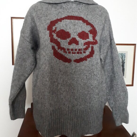 Skull Cashmere/Wool Sweater Hoodie - Sz. Medium - Grey with Burgundy red Skull - Picture 1 of 5